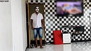 Surprising friend with two hot whores for DP