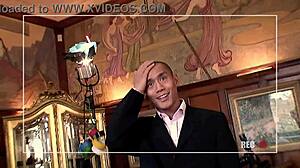 Rebecca Smyth screams as Ben Dover and his buddy tag team her big tits and anal on the bed with fingering and sexy shoes!