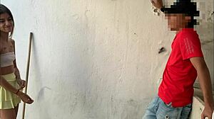 The Colombian goddess stepsister with small waist and natural tits in miniskirt wants to be fucked on a hot morning