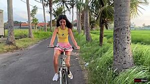 cute skinny teen learns biking and riding hard cock outdoors