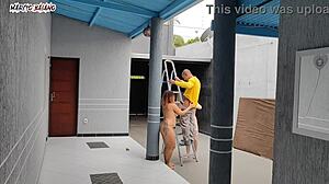 The lady of the house receives the new employee naked