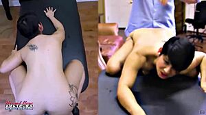 Skinny brunette jae scott sucks dick and gets pussy fucked