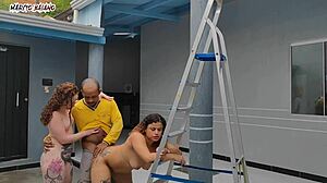 The lady of the house receives the new employee naked