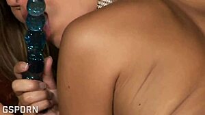 Beautiful brunette milf in lingerie works glass dildo solo