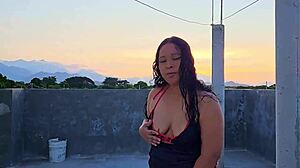 submissive milf gets dominated outdoors on rooftop by bricklayer facial blowjob and golden shower a real submissive and compliant latina bitch