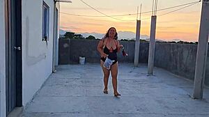 submissive milf gets dominated outdoors on rooftop by bricklayer facial blowjob and golden shower a real submissive and compliant latina bitch