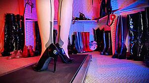 British office worker teases with stockings and heels on the treadmill