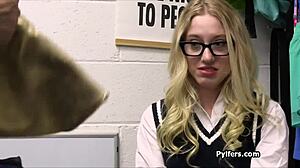 Security officer finds and frisks a short geeky blonde in the mall, then makes her strip