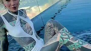 Bikini model in motion, stunning rooftop pool shots