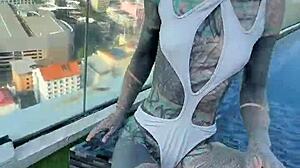 Bikini model in motion, stunning rooftop pool shots