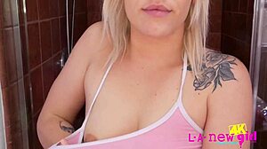 Blonde model relaxes in the shower during casting interview