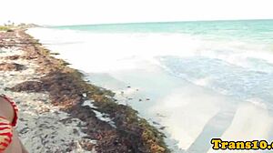 bikini latina tranny gets facialized in close-up steamy action