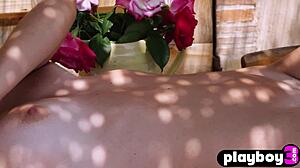 big ass brunette teen undresses in striptease, ripping clothes to expose her pussy and natural tits, posing naked solo