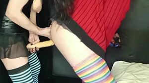 yo, check this brunette pegging with strap-on, big cock in anal!