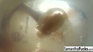 Samantha seduces Abigail Mac in steamy bath tub