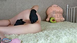 petite stepsister pisses in latex gloves while masturbating with butt plug and big clit