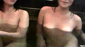 two asian babes dive into foursome sex by the pool after swimming