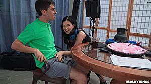 athletic brunette gets intimate with the crew