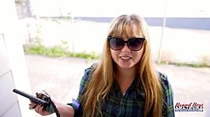 gwen, the busty blonde, starts by rubbing her wet pussy before deepthroating the cock for a facial