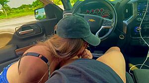 Busty MILF sucks cock outdoors teasingly