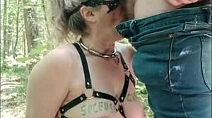 French slave in forest for dogging and blowjob