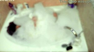 Boy enjoys solo bubble bath in bathroom