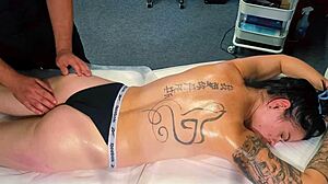 Male masseur gives tattoo girl a massage but she craves more