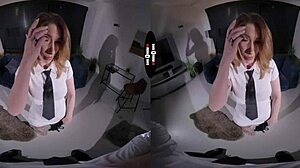 Redhead receives suggestive punishment with blowjob and handjob in dark room POV