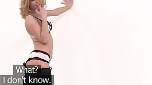 The fake agent model hands over vibrator control to her new boss during the interview