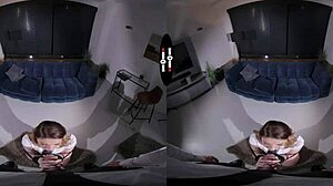 Redhead receives suggestive punishment with blowjob and handjob in dark room POV