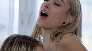 Blondes lick shaved pussies on sofa