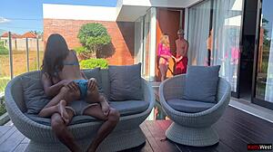 Two couples fucking outside at the home swimming pool party with cum covered teens