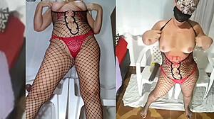 hey, check out this bitch playing wild with a huge dildo in a tight bodysuit and red panties... full vid awaits!