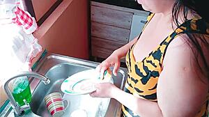 i fucked in the kitchen with my step moms friend who came to take care of us - hot babysitter