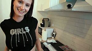 Brunette hands out flyers on street, then I offer cash for deepthroat pov action at home