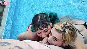 Latina sluts Candy Crush and Russah fuck big cock in pool