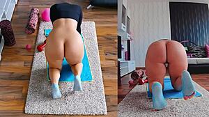 Naked yoga workout gets frisky with ass spreading