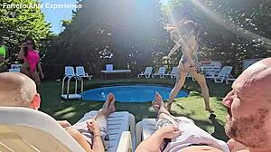 homemade bisexual party turns into big tits handjob and big cock action in swimming pool