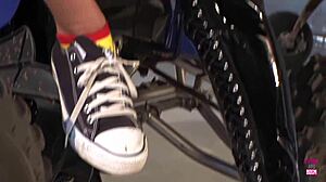 Amazing lesbian friends fuck with strap on in warehouse