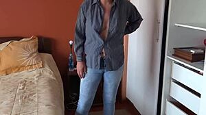 Real Hidden Camera Catches Beautiful Latina Stepmother Groping Herself in Tight Jeans