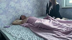 stepdaughter sneaked into stepfather's bed late at night. they had intense sex together