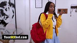 Busty ebony teen 18+ gets her pink and tight pussy rough fucked pov style with deepthroat