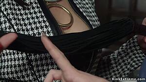 Sex shop owner dominates and anal fucks tied-up blonde lesbian.