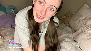 Barely legal petite teen with pigtails shows off cute princess panties and tight pink pussy online