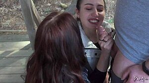 Sucking his huge cock together on our outdoor vacation threesome.