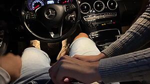 passionate russian couple blowjob in mercedes benz car in woods?