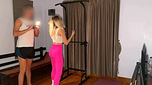 fitness workout gone wrong with blonde blowjob and ass orgasm.