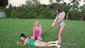 Three Hotties Sharing Golf Trainer's Hard Dick in Group Sex