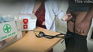 Doctor secretly giving blowjob in the clinic, sucking cock while patient watches