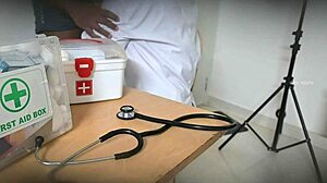 Doctor secretly giving blowjob in the clinic, sucking cock while patient watches